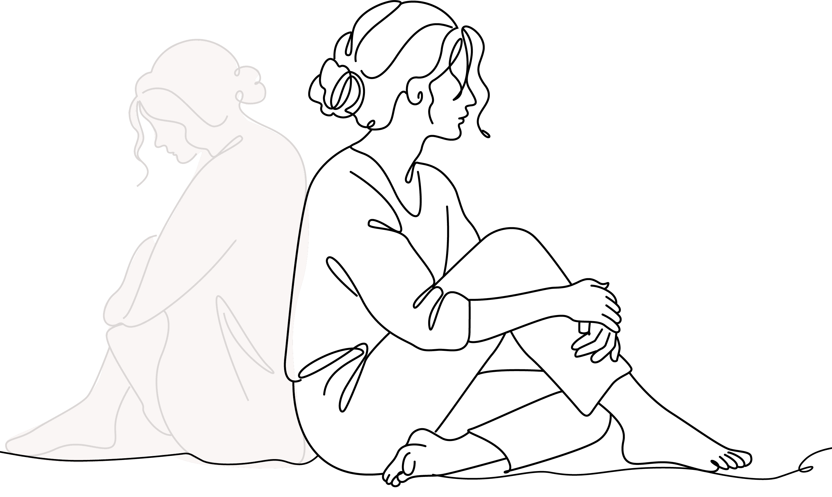 Linienzeichnung einer sitzenden Frau, hinter der sich ein blasser, verschwommener Umriss ihrer selbst abzeichnet